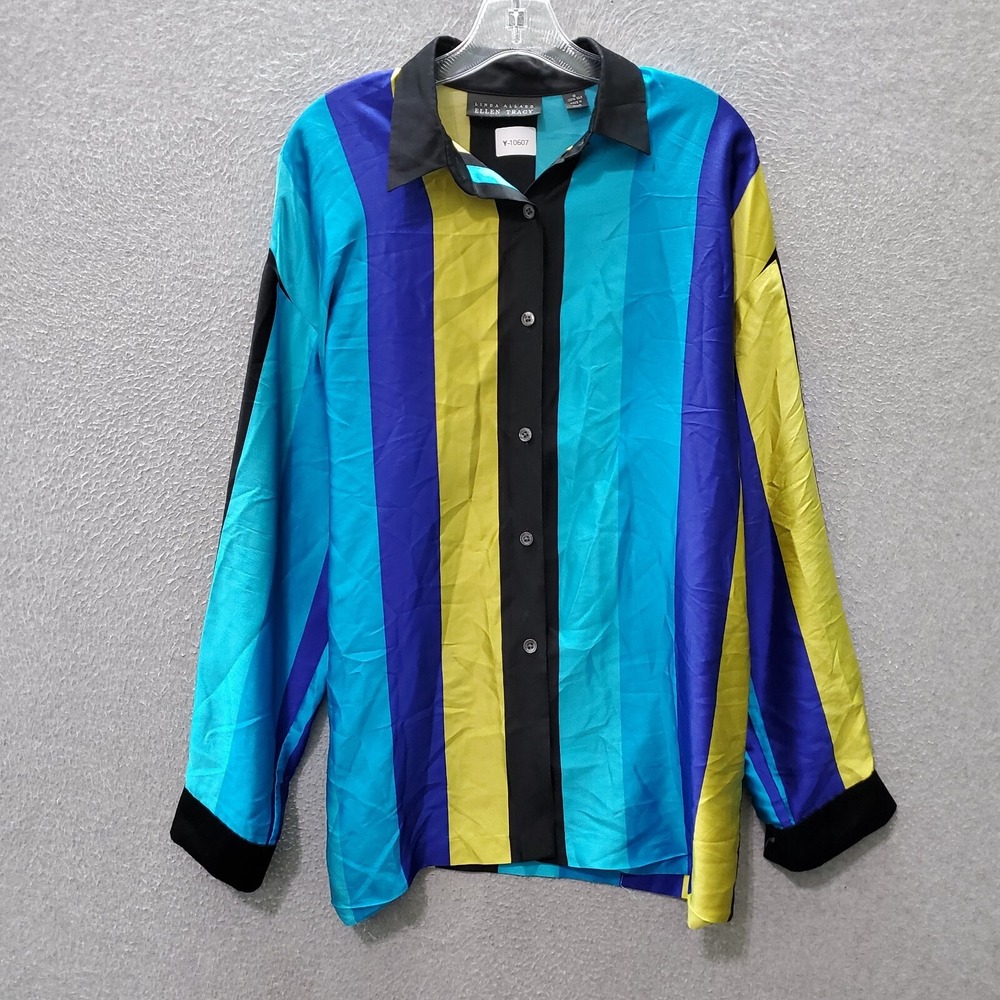 VINTAGE Linda Allard Women Top 12 Blue Colorblock Silk Button Up Collar‎